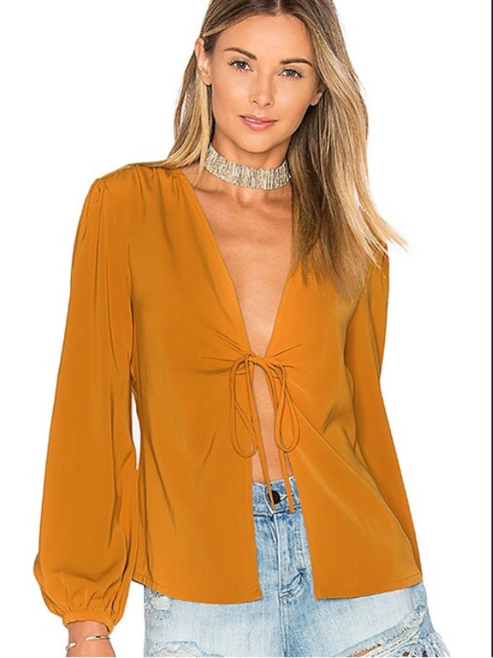 by the way. Mustard Open-Front Tie Top
